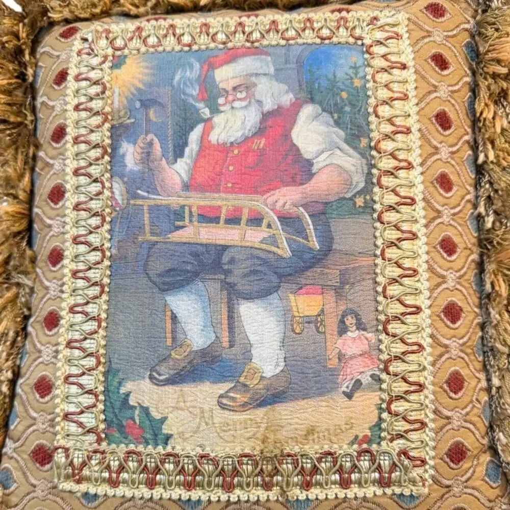 Pulvermacher NYC Luxury Santa Christmas Pillow Velvet Fringe Holiday Decor